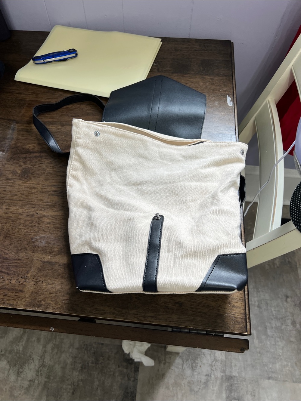 Canvas and Faux Leather Two-Tone Backpack - Cream and Black - Picture 2 of 5